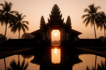 Silhouette of tropical temple gate at sunset. Exotic travel destination concept.