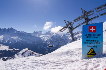 Swiss Wall sign marking the start of this infamous run in the Portes du Soleil, Switzerland