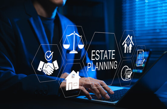 Estate planning concept. Businessman using digital interface for managing legal documents, assets, house, family inheritance, and will preparation, insurance, testament, financial security, and trust.