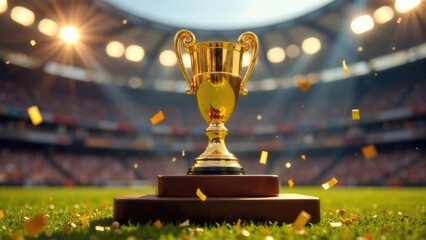 Trophy gold cup on a stadium background amidst celebratory confetti. Represents the pinnacle of success in sports, suitable for event recaps, champion profiles, or athletic sponsorship content