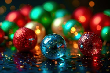 A collection of Christmas ornaments, including a blue ball