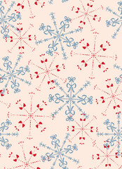 Hand drawn, bow snow flakes seamless repeat pattern. Random placed, vector hair tie ice aop, all over surface print on beige background.