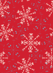 Hand drawn, bow snow flakes seamless repeat pattern. Random placed, vector hair tie ice aop, all over surface print on red x-mas background.