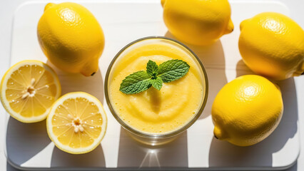 Refreshing lemon slushie beverage served in glass garnished with fresh mint leaf and surrounded by whole ripe yellow lemons and cut citrus slices on bright white surface