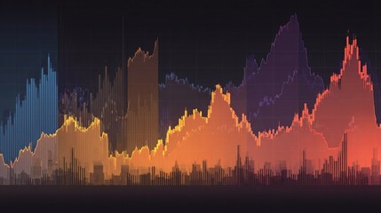 Vibrant abstract cityscape of data visualization glows, offering a mesmerizing display of lines, forms, and hues, with the night sky setting the scene for an captivating composition.