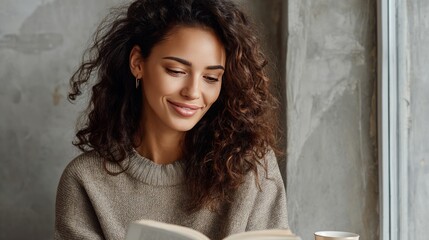 A woman with captivating curly hair, engrossed in a book, embodies the serenity of quiet reading in a cozy setting. She emanates a warmth and intellectual curiosity.
