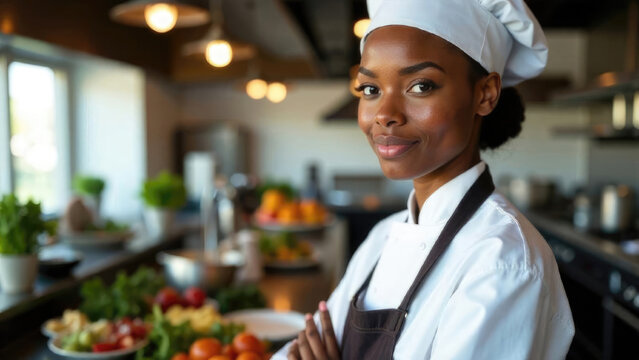 Portrait of an African-American female chef in a traditional chef's hat and apron within a kitchen. For culinary school advertising, restaurant branding