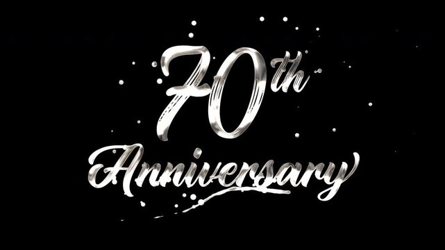 70th anniversary text animation in silver metallic effect. suitable for celebrating special occasions, invitations, anniversary cards and social media. Includes alpha channel for any background.