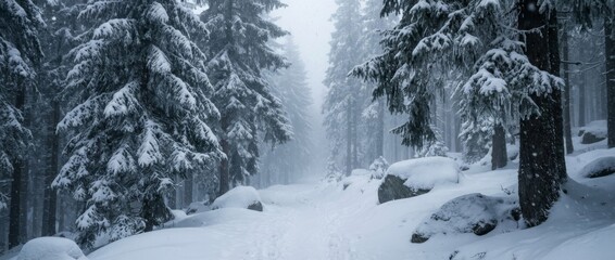 Snowy forest path winding through tall evergreen trees, covered in fresh white snow during a serene winter day with falling snowflakes