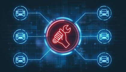 Obraz premium Digital Automotive: A conceptual image illustrating the interconnectedness of automotive technology, depicting a central hand holding a wrench surrounded by connected car icons. 