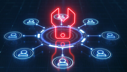 Cyber Assistance:  A dynamic graphic that highlights the concept of technology and support, with a wrench icon at the center.