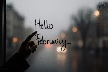 Hand writing Hello February on foggy window. Atmospheric winter month concept.