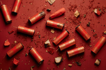 Texture of red firecrackers on ground. Lunar New Year celebration aftermath.
