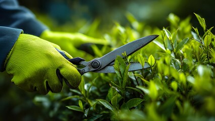 Person using pruning shears to trim a bush or hedge garden maintenance and landscaping. Pruning or trimming a hedge using garden shears. Bush trimming by gardener wear gloves with shears. 