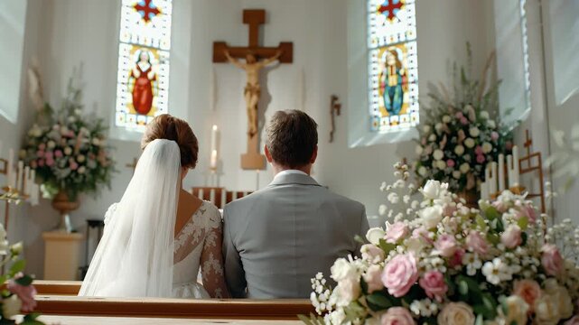 Kirchliche Trauung mit Brautpaar und festlicher Blumendekoration