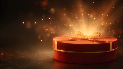 Gift unwrapping, unwrapped gift. Open gift box with a glowing, sparkling light emanating from inside. Magic gifft box, holiday open, close gift box. Red gift box with a gold ribbon on dark background.
