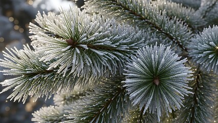 Macro closeup of frosty green pine needles on a spruce branch in the winter forest nature