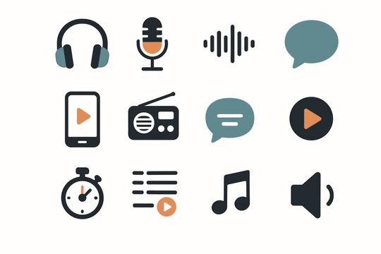Volume play radio sound set timer icon microphone note podcast vector button