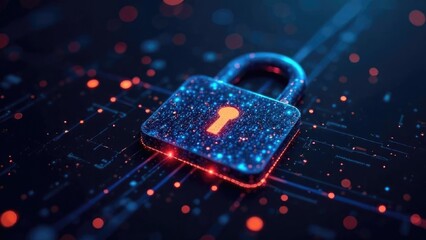 A digital padlock with a glowing keyhole on a circuit board background. The design features blue and red lights, symbolizing cybersecurity and data protection
