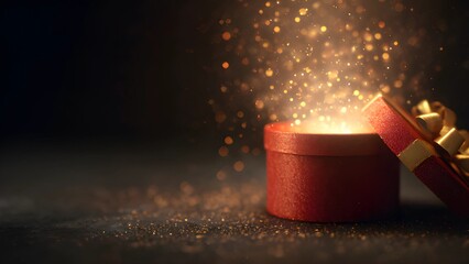 Gift unwrapping, unwrapped gift. Open gift box with a glowing, sparkling light emanating from inside. Magic gifft box, holiday open, close gift box. Red gift box with a gold ribbon on dark background.