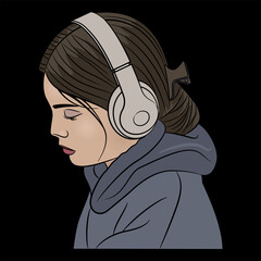 Head of a pretty sad young girl listening music in headphones. Vector illustration. Cartoon style. On black background.