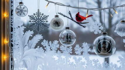 Seasonal Christmas tree decoration ball on the snowy winter nature background