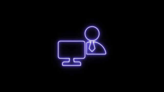 Digital purple glowing neon outline of a admin working on a desktop computer screen. Neon Icon. Neon Sign