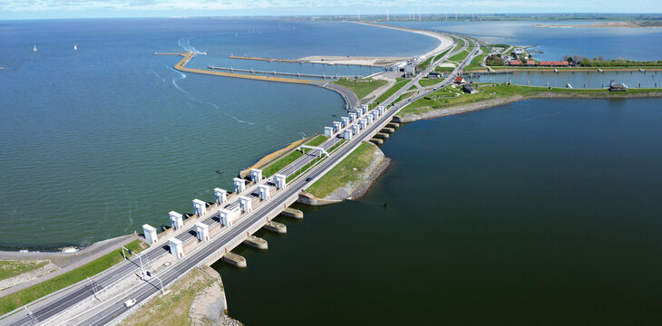 The Afsluitdijk, a famous dyke in the North of Holland, seperating the Ijssel lake from the Wadden Sea, The Netherlands