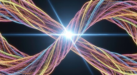 Abstract glowing infinity symbol formed by vibrant, intertwined colorful lines, radiating bright central energy, symbolizing endless connection, digital flow, and limitless future