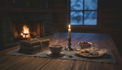 Steaming cup of hot beverage sits on a rustic wooden table, surrounded by old books, cookies, and a lit candle, creating a cozy winter atmosphere with a warm fireplace and snowy window