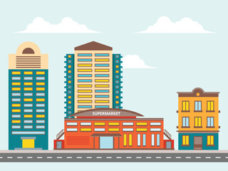 Urban Cityscape with Supermarket and Residential buildings