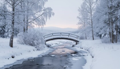 Picturesque snow-covered wooden arched bridge spans a partially frozen stream flowing through a serene winter forest landscape under a soft, pale sky