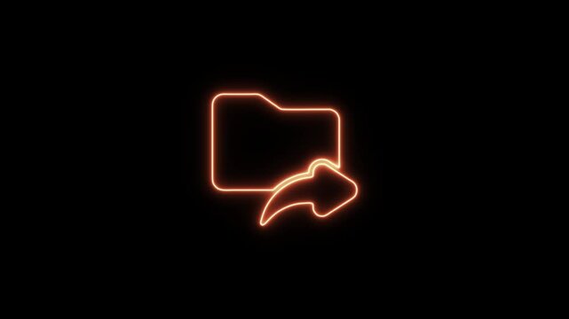 Neon orange outline of a folder icon with a glowing share arrow digital data transfer. Neon Icon. Neon Sign