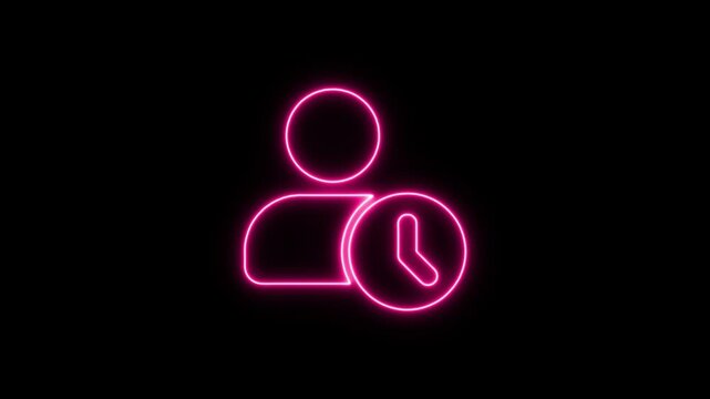 Neon pink glowing user profile with time pending clock icon digital interface. Neon Icon. Neon Sign