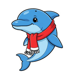 Naklejka premium A charming cartoon dolphin wearing a warm, red scarf, radiating joy and cuteness