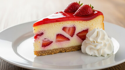 Gourmet slice of strawberry cheesecake with red gelatin topping and fluffy whipped cream served on white plate sweet delicious dessert studio shot