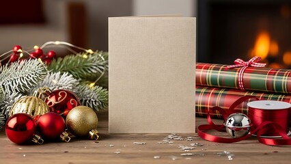 Christmas Card and Festive Decor: An exquisite Christmas scene featuring a blank card surrounded by an array of festive ornaments and wrapping paper.
