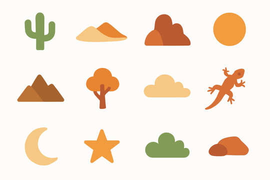 Sand desert set star icon sun moon vector lizard cloud cactus mountain