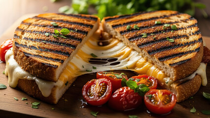 Delicious golden grilled cheese sandwich sliced showing stretchy melted cheese filling served hot with fresh cherry tomatoes and herbs on rustic wooden board