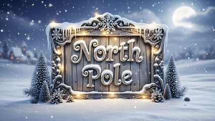 North Pole wooden sign covered in snow under moonlit sky