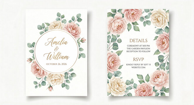 Elegant wedding invitation suite with watercolor pink roses and eucalyptus. Romantic floral frame for stationery, cards, and save the date announcements.