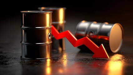 Crude oil prices oil barrels and a steep downward trending red arrow. Trade war decline in oil prices. Oil trading prices. Falling oil prices with black oil barrels global economic impacts.