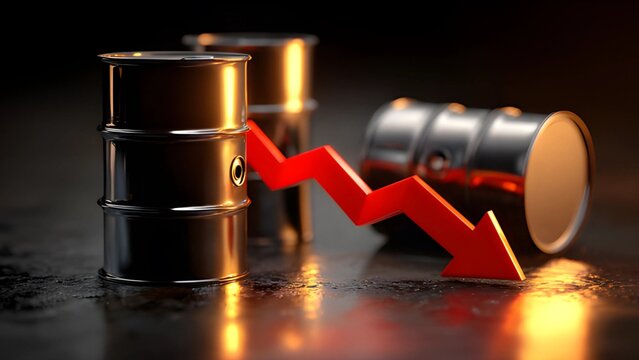 Crude oil prices oil barrels and a steep downward trending red arrow. Trade war decline in oil prices. Oil trading prices. Falling oil prices with black oil barrels global economic impacts.