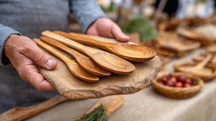 Vendor showcasing handmade wooden kitchen utensils at artisan market