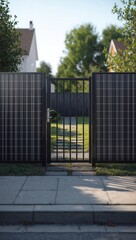 Black gate opening onto a landscaped garden path
