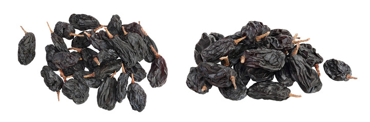 Black raisin isolated on white background . Top view. Flat lay