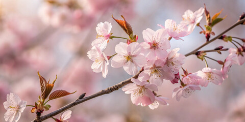 Obraz premium Delicate pink cherry blossoms on a branch in soft sunlight