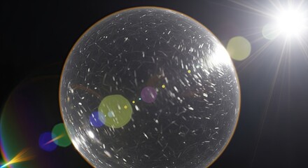 Captivating transparent sphere, brimming with sparkling particles, dramatically illuminated by a powerful light source creating vibrant lens flares against a dark, mysterious backdrop