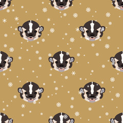 Obraz premium Seamless seasonal animal winter pattern with heads of American badger and snowflakes. Taxidea taxus. Cartoon style. On yellow background.