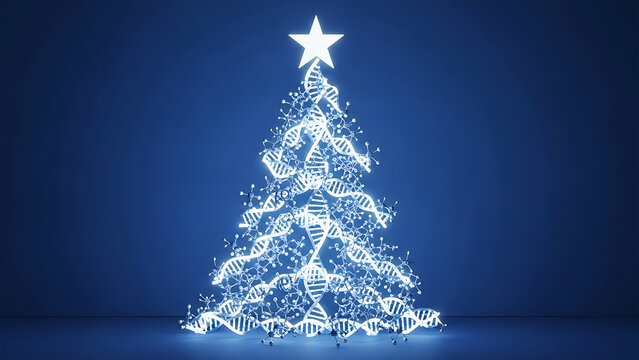 Glowing blue dna helix christmas tree with star topper on dark background - Powered by Adobe